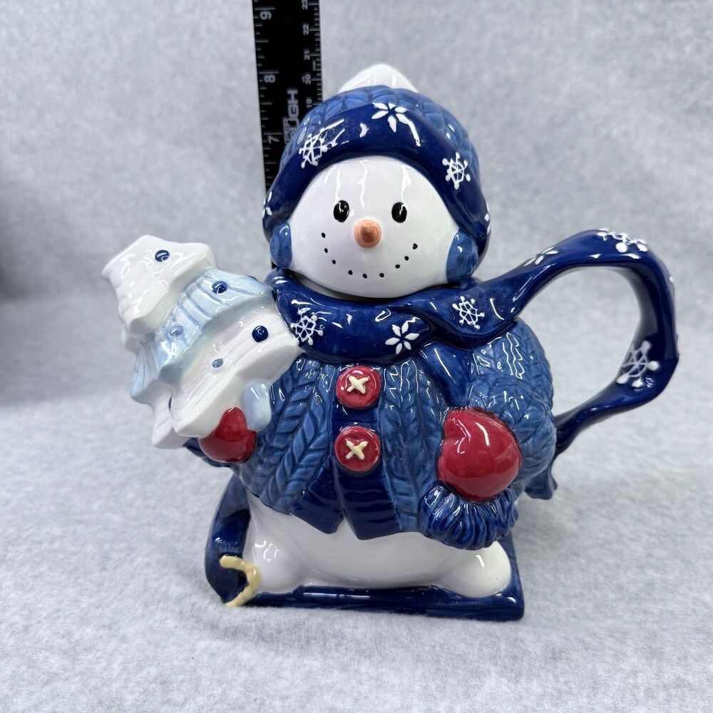 Homespun Holiday Collection Blue Snowman Four Cup Teapot Christmas Holidays - Picture 10 of 14